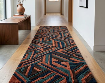 Alfombra de pasillo tejida a mano inspirada en el arte Art Déco / Alfombra geométrica para pasillo en tonos verde azulado, óxido y carbón / Alfombra moderna texturizada para pasillo