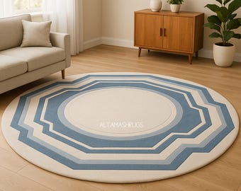 Hand-Tufted Wool Rug | Blue & Cream Geometric Round Carpet