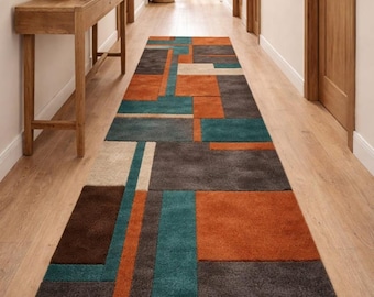 Alfombra geométrica tejida a mano / Alfombra abstracta para pasillo en gris oscuro, óxido y azul verdoso / Alfombra larga contemporánea para entrada y pasillo