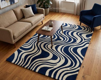 Hand Tufted Wool Wave Rug, Navy Ivory Abstract Coastal Carpet