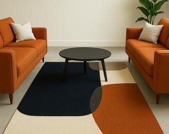 Alfombra geométrica abstracta moderna – Alfombra de lana tejida a mano para sala de estar, decoración moderna de mediados de siglo, alfombra minimalista naranja, azul marino y beige