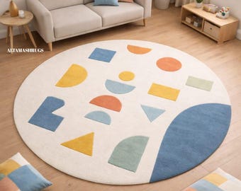 Modern Abstract Round Rug | Hand Tufted Wool Area Rug | Scandinavian Geometric Circle Carpet | Minimalist Living Room Rug | Custom Size Rug
