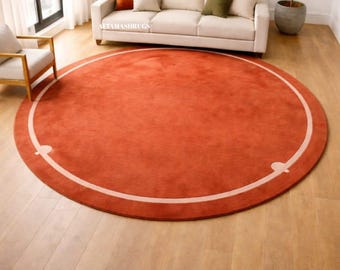 Alfombra redonda retro de la era espacial de color naranja • Decoración moderna de mediados de siglo / Alfombra de lana ondulada abstracta, alfombra de lana moderna, alfombra de lana con mechones de color naranja óxido