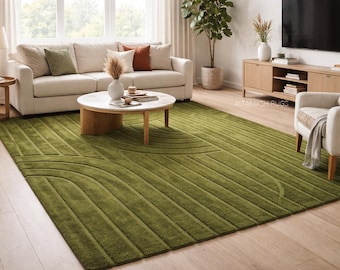 Hand Tufted Wool Rug, Green Abstract Geometric Rug, Modern Contemporary Area Rug, Textured High Low Carpet, Living Room Bedroom Rug