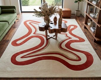 Hand Tufted Wool Rug, Red Abstract Wave Rug, Modern Minimalist Carpet, Contemporary Area Rug, Luxury Living Room Rug, Custom Handmade Rug