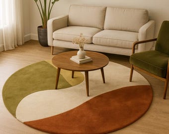 Rust and Olive Abstract Wool Rug | Hand Tufted Modern Curved Carpet | Earthy Minimal Round Area Rug | Handmade Luxury Living Room Decor