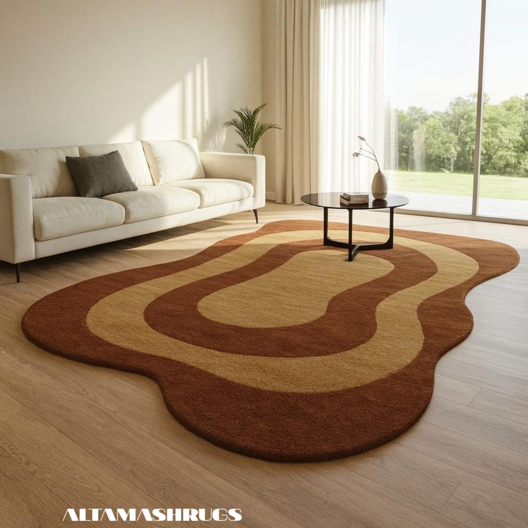 Retro Wave Hand Tufted Rug, Organic Shape Modern Area Rug, Brown Beige ...