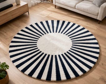 Round Sunburst Rug, Black White Hand Tufted Wool Rug, Modern Circle Area Rug, Radial Pattern Carpet, Contemporary Living Room Rug
