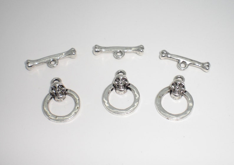 Antiqued Silver Pewter Skull and Bones Toggle Clasp Set of 3 image 2