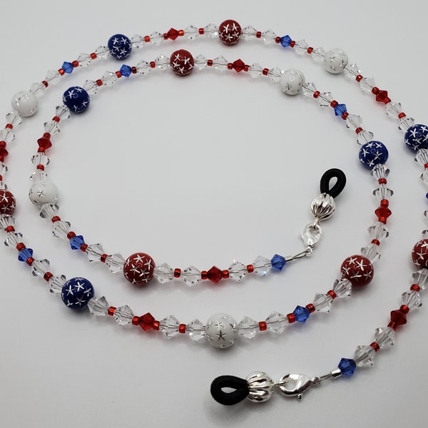 Patriotic Red White & Blue Stars Swarovski Crystal Eyeglass Chain