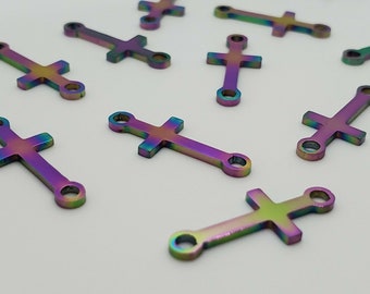 15x8mm Electro-coated Stainless Steel Rainbow Cross Links - Set of 6