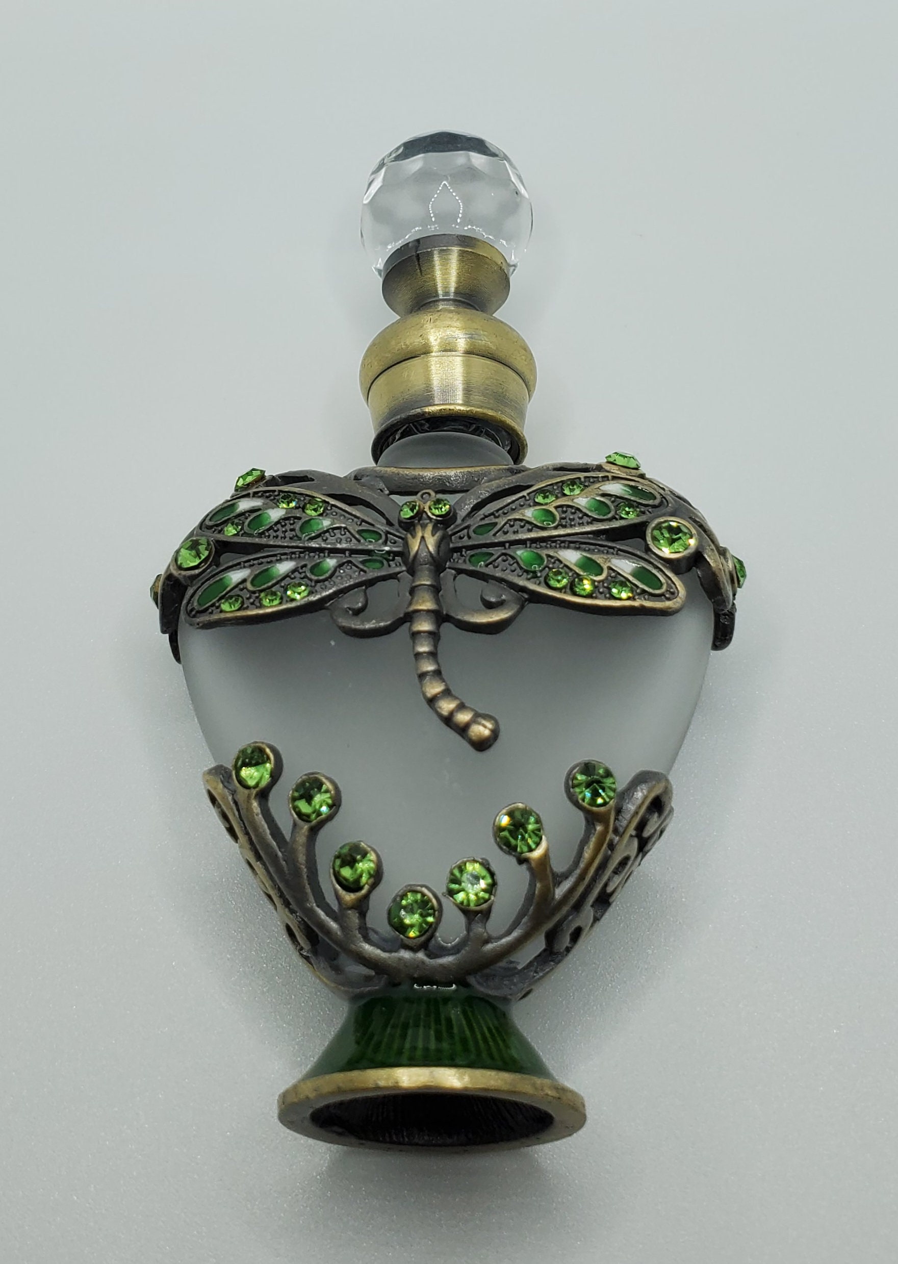 Antiqued Brass Green Crystal Dragonfly Heart Frosted Glass Perfume