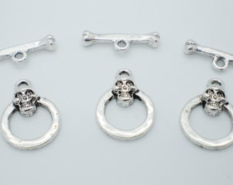 Antiqued Silver Pewter Skull and Bones Toggle Clasp - Set of 3