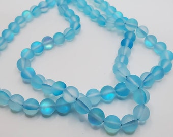 8mm Mermaid Round Translucent Matte Turquoise Iridescent Glass Beads - 16" Strand