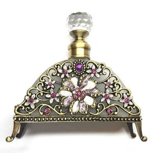 Antiqued Brass Pink/Purple Crystal Flower Frosted Glass Perfume Bottle