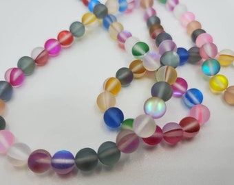 8mm Mermaid Round Translucent Matte Multi-colored Iridescent Glass Beads - 16" Strand