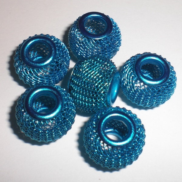 14x12mm Electric Blue Steel Mesh Rondelle Beads w/ 4mm Hole - Set of 6