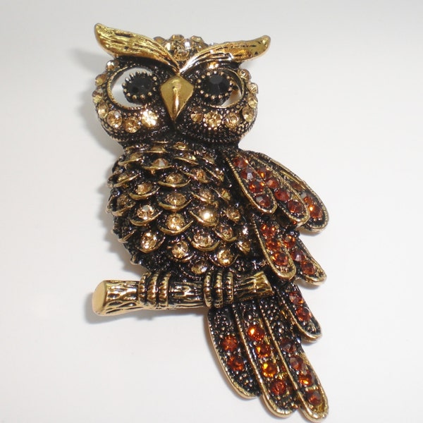 Antiqued Gold Pewter Black / Brown / Champagne Rhinestone Owl Pendant / Brooch