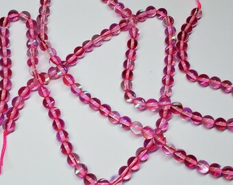 6mm Mermaid Round Transparent Pink Iridescent Glass Beads