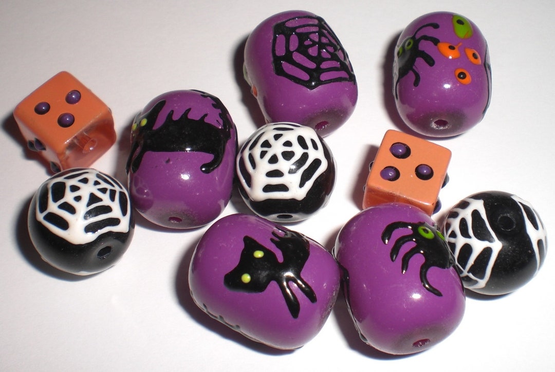 Halloween Glass Beads Set of 10 Black/purple/orange Spider Etsy