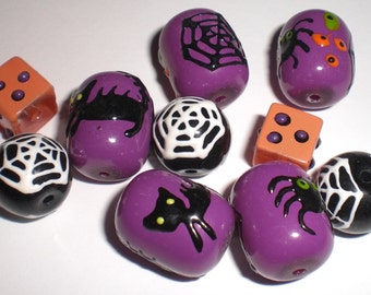 Halloween Glass Beads - Set of 10 - Black/Purple/Orange Spider Web/Cat/Spider