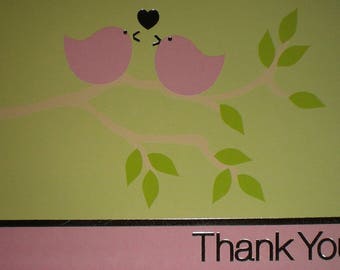 Pink Green Metallic Silver Birds Thank You Note Cards w/ Envelopes