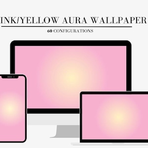 Könnte beinhalten: Ein digitales Produkt-Mockup mit einem Smartphone, einem Desktop-Computer und einem Laptop, die alle einen rosa-gelben Farbverlauf-Hintergrund anzeigen. Der Text "PINK/YELLOW AURA WALLPAPER" und "60 CONFIGURATIONS" befindet sich oben.