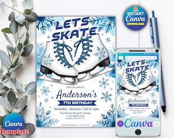 May include: A winter-themed invitation with the text "LET'S SKATE" and a pair of ice skates. The invitation is for Anderson's 7th birthday, with the date and time listed. A smartphone displays the same design. A pen is also visible.