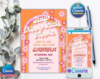 May include: An invitation with a retro design, featuring the text "Stay Trippy Little Hippie" above a rainbow and flowers. A smartphone displays the same design. The invitation is for Sakira's first birthday.