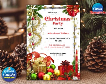 May include: A Christmas party invitation with text that reads "Christmas Party" hosted by Charlotte Wilson. The invitation includes details for the event on December 26th at 6 PM. The design features festive decorations and gift boxes.