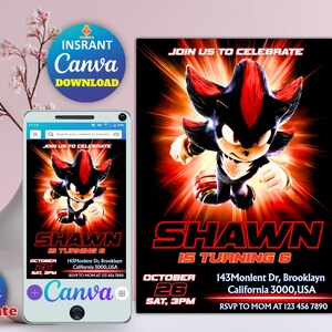 Convite editável do Sonic 3, Sonic the Hedgehog 3, modelo de aniversário do Sonic 3, convite de aniversário do Shadow the Hedgehog, convite do Shadow