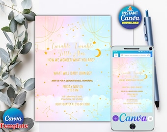 Twinkle Twinkle Little Star Gender Reveal Invitation, Gold Moon Stars Party Invite Template, He or She Boy or Girl, Editable Canva Digital