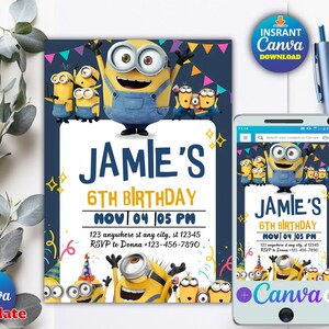 Bearbeitbare Minion Kindergeburtstagseinladung, Kindergeburtstagseinladung, Minion-Thema bearbeitbare Geburtstagseinladung, Mädchen-Geburtstag, Jungen-Einladung