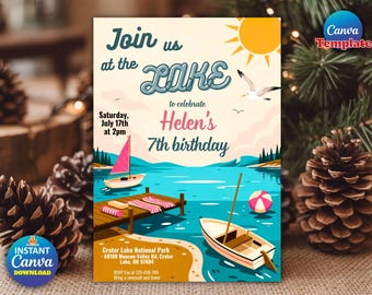Editable Lake Birthday Party Invitation | Summer Boat Party Template | Lake Water Party Invite | Instant Download | Canva Digital Invite