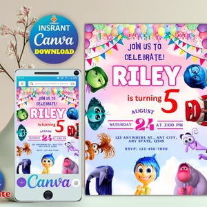 Convite editável Inside Out 2, convite Inside Out 2, modelo de aniversário editável, Canva, convite de aniversário infantil, convite editável