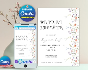 Plantilla de invitación floral para despedida de soltera, invitación bohemia para despedida de soltera, despedida de soltera con flores silvestres en tonos jardín, plantilla digital editable de Canva