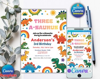 Dinosaur 3rd Birthday Party Invitation for Boy | Cute T-Rex Birthday Invite | Editable Canva Template | Digital Download | Instant Access