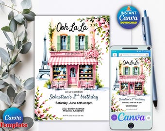 Convite editável de aniversário em Paris | Festa no Café Francês | Tema parisiense Oh La La | Convite para Chá da Tarde | Modelo Canva | Download digital