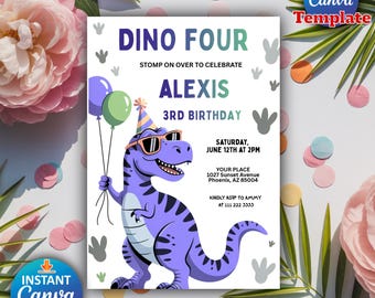 Dinosaur Birthday Party Invitation for Boys, Editable Canva Template, Digital Invite, Instant Download, Prehistoric Party Invite