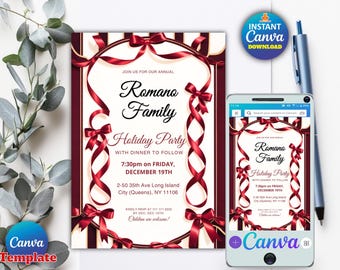 Christmas Dinner Invitation Template, Editable Canva Digital Invite, Holiday Party Printable, Instant Download