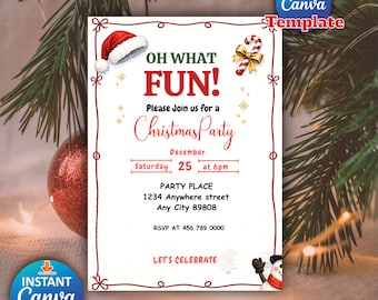 Modello di invito per festa di Natale per bambini Cappello da Babbo Natale Oh What Fun Invito di Natale Compleanno Canva Download digitale