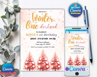 May include: A birthday invitation with the text "Winter One derland" in gold and pink. The invitation includes the date, time, and location. A smartphone displays the same invitation. A blue pen is on the right.