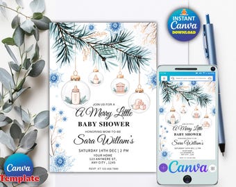 Könnte beinhalten: Eine Babyparty-Einladung mit Winterthema. Das Design zeigt Aquarellillustrationen von Babyartikeln in durchsichtigen Kugeln mit dem Text "A Merry Little Baby Shower". Ein Smartphone zeigt das gleiche Design.