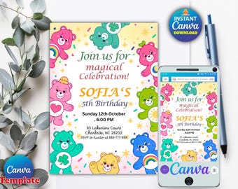 Care Bears Birthday Invitation, Printable Editable Birthday Party Invite, digital Party Invitation template, Care Bears Invitation Card