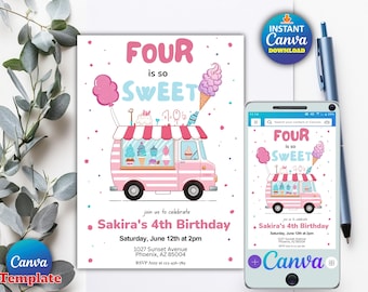 May include: A pink and white birthday invitation with the text "FOUR is so SWEET" and a cartoon ice cream truck. The invitation includes details for Sakira's 4th birthday, with a matching design on a smartphone.