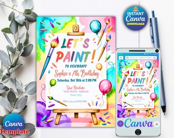 Editable Art Birthday Party Invitation, Tie Dye Arts and Crafts Painting Party Invite, Let's Paint & Celebrate, Canva Template