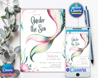 Bearbeitbar Unter dem Meer Meerjungfrau 1. Geburtstagseinladung | Lila Pink Gold Wunderliche Party | Canva Vorlage | Digitale Einladung_Instant Download