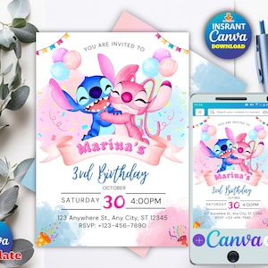 Stitch and Angel Birthday Invitation: Editable & Printable Template – Beautiful Invitation for Your Little One's Birthday, Editable in Canva