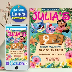 Convite personalizado editável para impressão, convite de aniversário de Lilo e Stitch, modelo de convite para festa de Stitch, aniversariante de Stitch Canva Edit
