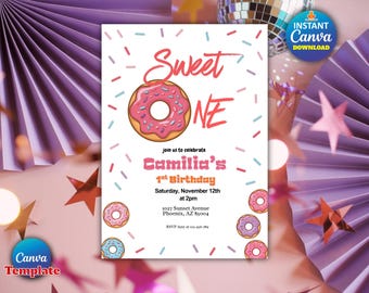Bearbeitbare Donut-Geburtstagseinladung | Süßer 1.Geburtstag | Donut-Party einladen | Digitaler Download | Canva Vorlage | Druckbare Karte